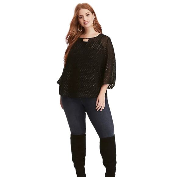 Torrid Black & Gold Foil Textured Dot Chiffon Bell Sleeve Sheer Top Size 0X - Picture 3 of 10